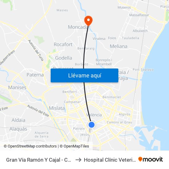 Gran Vía Ramón Y Cajal - C/ Bailén [València] to Hospital Clínic Veterinari - Uch Ceu map