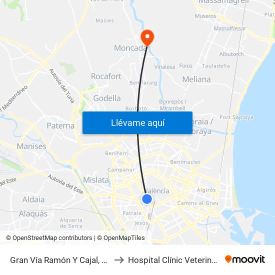 Gran Vía Ramón Y Cajal, 28 [València] to Hospital Clínic Veterinari - Uch Ceu map