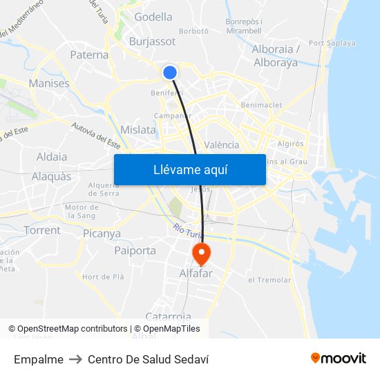 Empalme to Centro De Salud Sedaví map