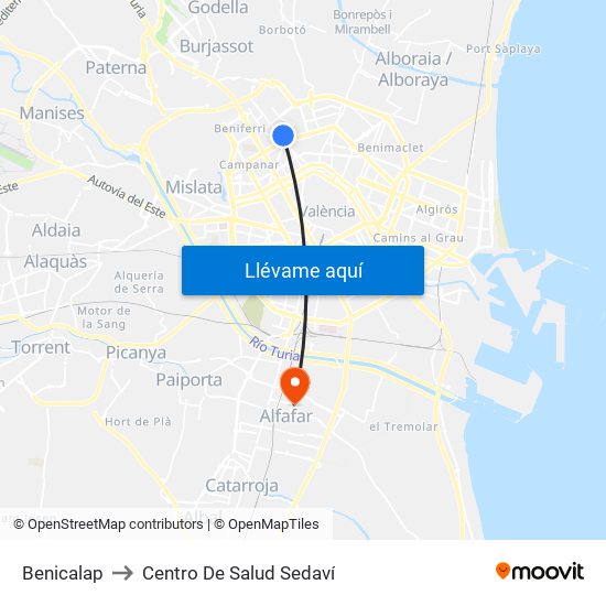 Benicalap to Centro De Salud Sedaví map