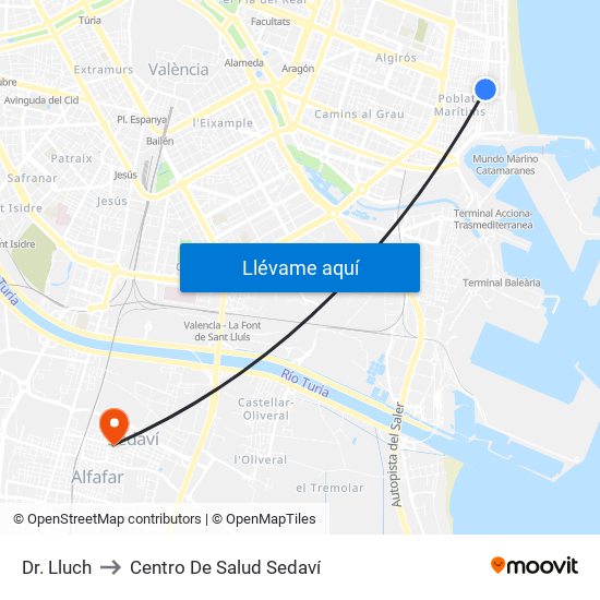 Dr. Lluch to Centro De Salud Sedaví map