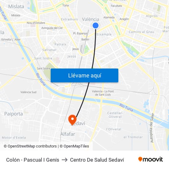Colón - Pascual I Genís to Centro De Salud Sedaví map
