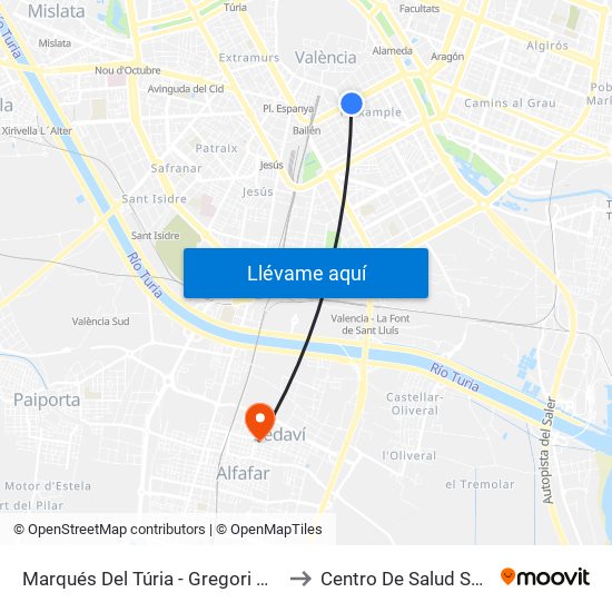 Marqués Del Túria - Gregori Maians to Centro De Salud Sedaví map