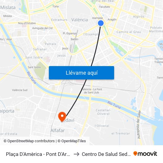 Plaça Amèrica to Centro De Salud Sedaví map