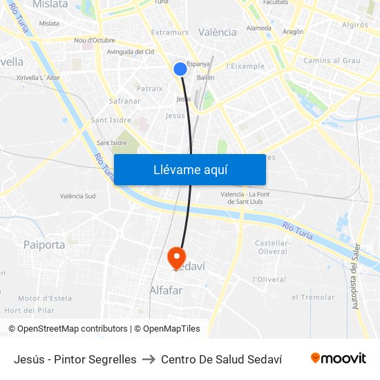 Jesús - Pintor Segrelles to Centro De Salud Sedaví map
