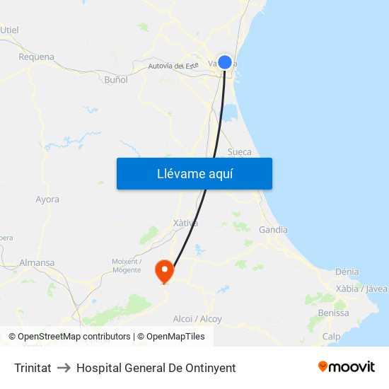 Trinitat to Hospital General De Ontinyent map
