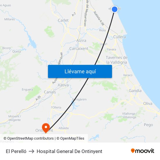 El Perelló to Hospital General De Ontinyent map