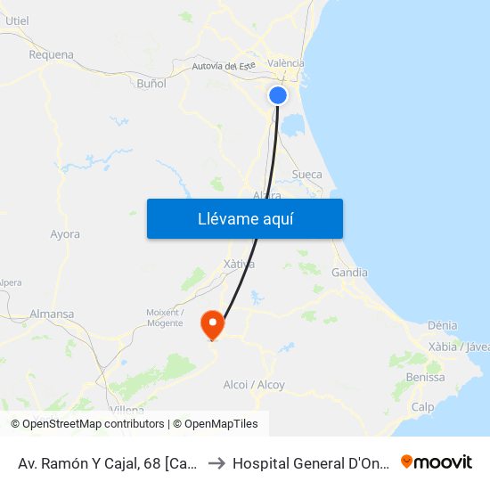 Av. Ramón Y Cajal, 68 [Catarroja] to Hospital General D'Ontinyent map