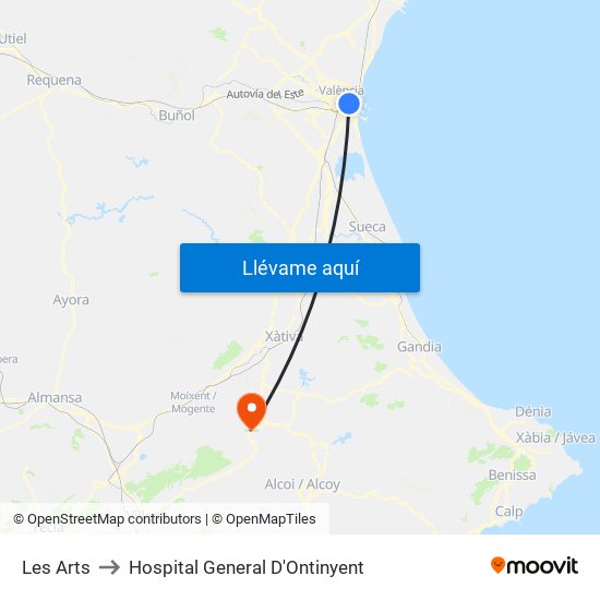 Les Arts to Hospital General D'Ontinyent map