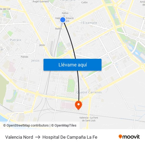 Valencia Nord to Hospital De Campaña La Fe map