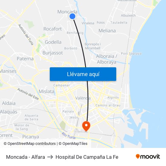 Moncada - Alfara to Hospital De Campaña La Fe map