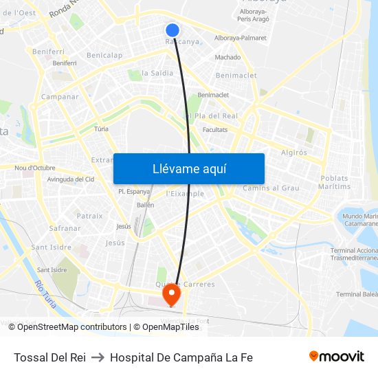 Tossal Del Rei to Hospital De Campaña La Fe map