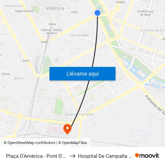 Plaça Amèrica to Hospital De Campaña La Fe map