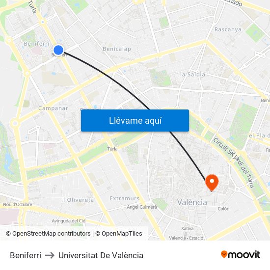 Beniferri to Universitat De València map