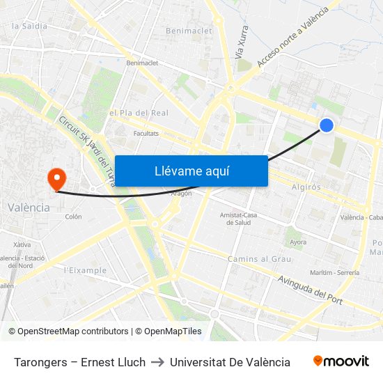 Tarongers – Ernest Lluch to Universitat De València map