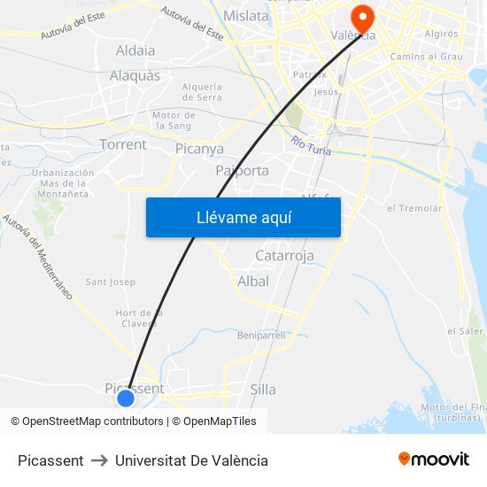 Picassent to Universitat De València map