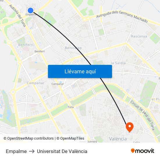 Empalme to Universitat De València map
