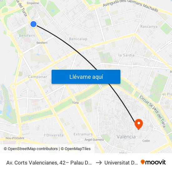 Av. Corts Valencianes, 42– Palau De Congressos [València] to Universitat De València map