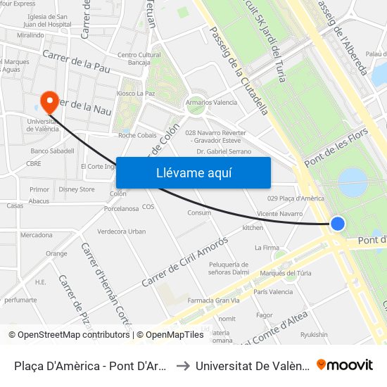 Plaça Amèrica to Universitat De València map