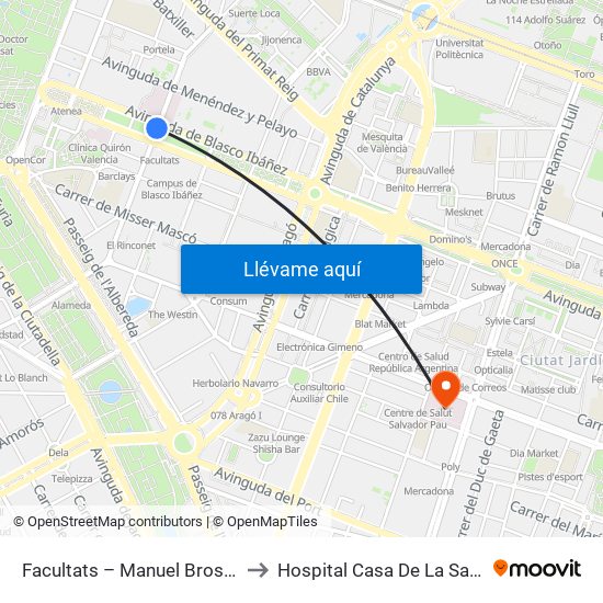 Facultats – Manuel Broseta to Hospital Casa De La Salud map