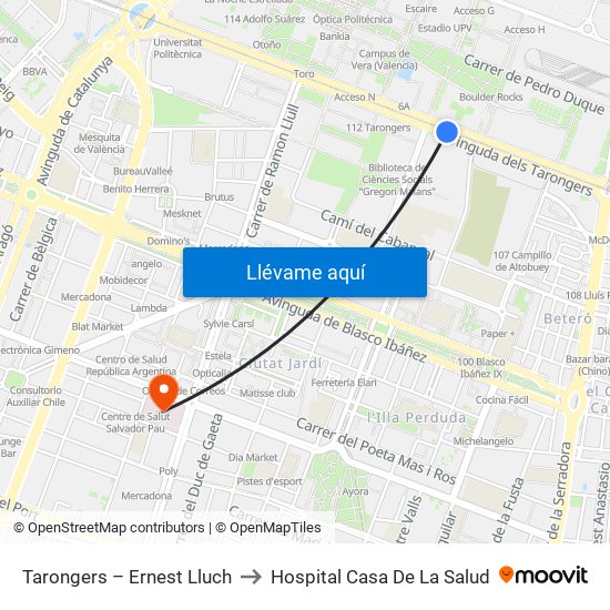 Tarongers – Ernest Lluch to Hospital Casa De La Salud map