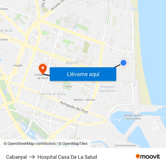Cabanyal to Hospital Casa De La Salud map