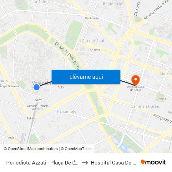 Plaça De L'Ajuntament - Periodista Azzati to Hospital Casa De La Salud map