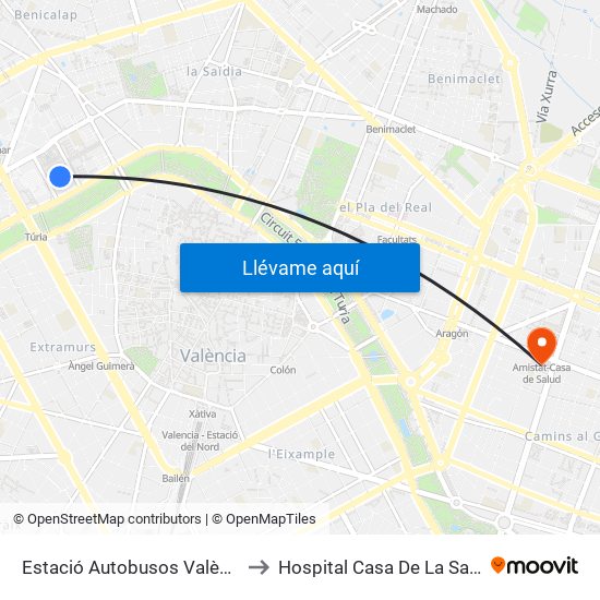 Estació Autobusos València to Hospital Casa De La Salud map