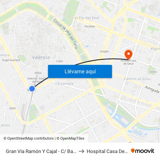 Gran Vía Ramón Y Cajal - C/ Bailén [València] to Hospital Casa De La Salud map
