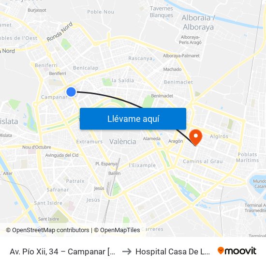 Av. Pío Xii, 34 – Campanar [València] to Hospital Casa De La Salud map