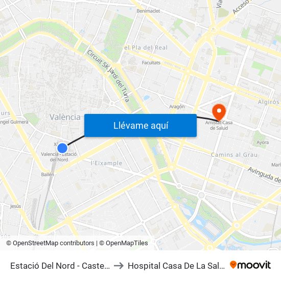 Estació Del Nord - Castelló to Hospital Casa De La Salud map