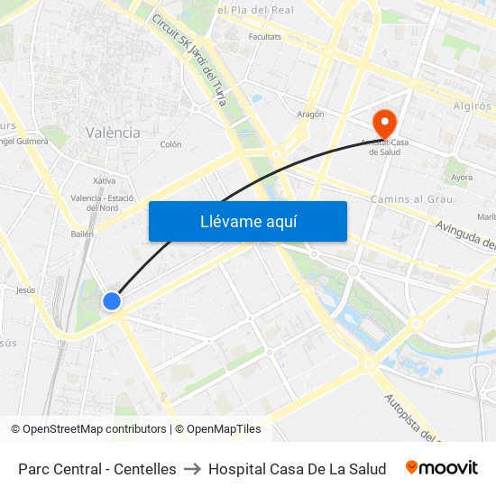 Parc Central to Hospital Casa De La Salud map