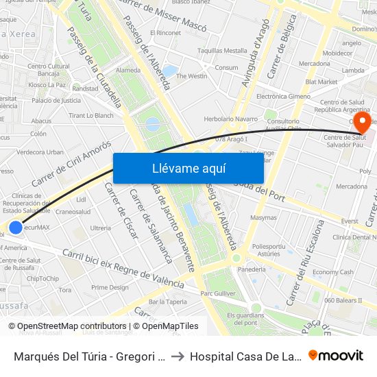 Marqués Del Túria - Gregori Maians to Hospital Casa De La Salud map