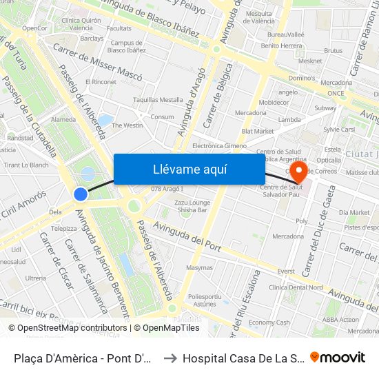 Plaça Amèrica to Hospital Casa De La Salud map