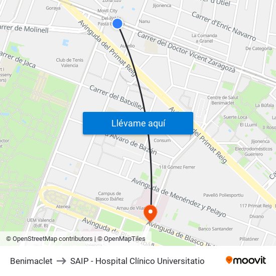 Benimaclet to SAIP - Hospital Clínico Universitatio map