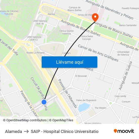 Alameda to SAIP - Hospital Clínico Universitatio map