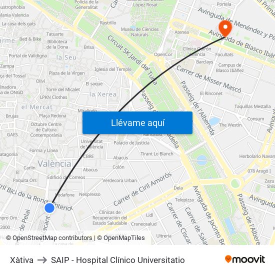 Xàtiva to SAIP - Hospital Clínico Universitatio map