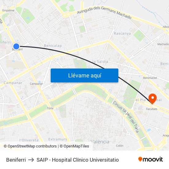 Beniferri to SAIP - Hospital Clínico Universitatio map