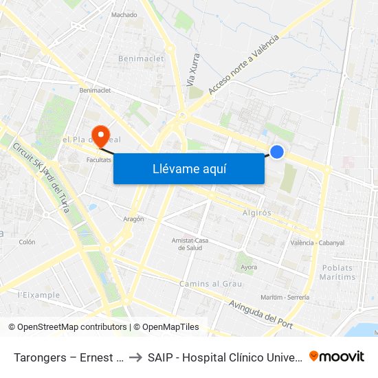 Tarongers – Ernest Lluch to SAIP - Hospital Clínico Universitatio map