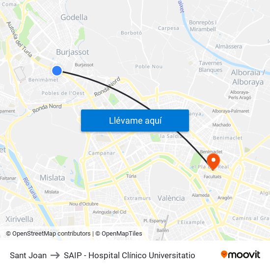 Sant Joan to SAIP - Hospital Clínico Universitatio map