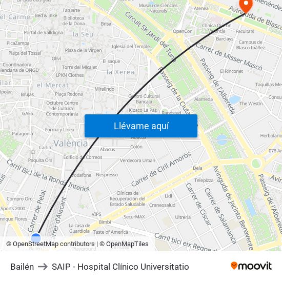 Bailén to SAIP - Hospital Clínico Universitatio map