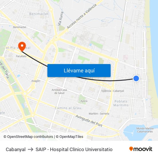 Cabanyal to SAIP - Hospital Clínico Universitatio map