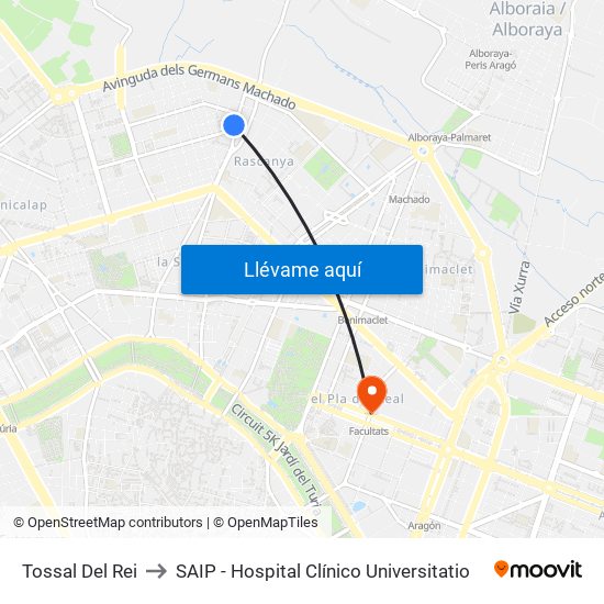 Tossal Del Rei to SAIP - Hospital Clínico Universitatio map