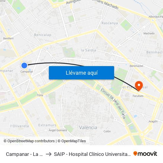 Campanar - La Fe to SAIP - Hospital Clínico Universitatio map