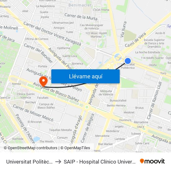 Universitat Politècnica to SAIP - Hospital Clínico Universitatio map