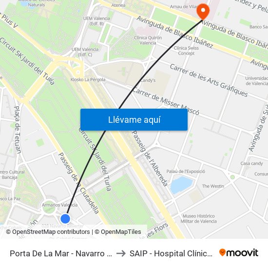 Porta De La Mar to SAIP - Hospital Clínico Universitatio map