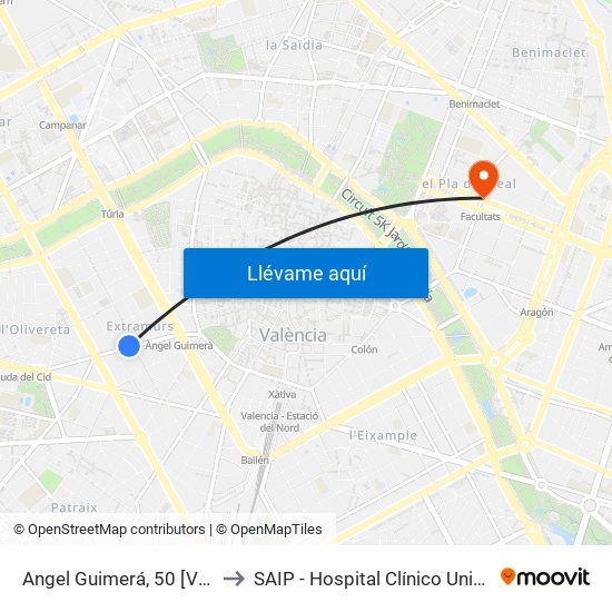Angel Guimerá, 50 [València] to SAIP - Hospital Clínico Universitatio map