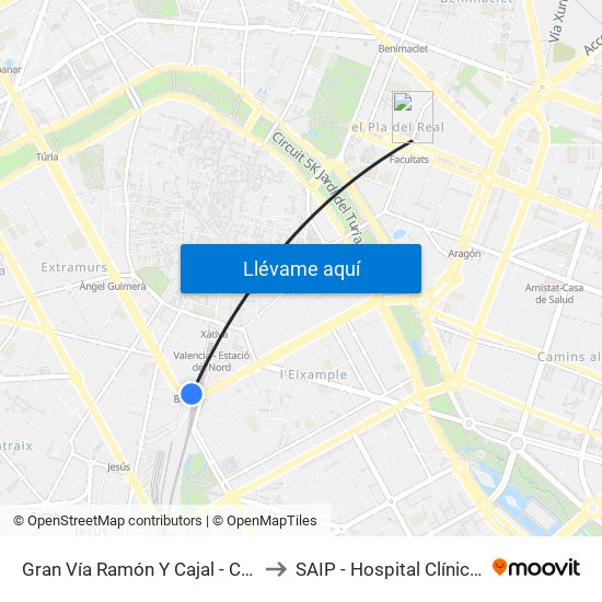 Gran Vía Ramón Y Cajal - C/ Bailén [València] to SAIP - Hospital Clínico Universitatio map