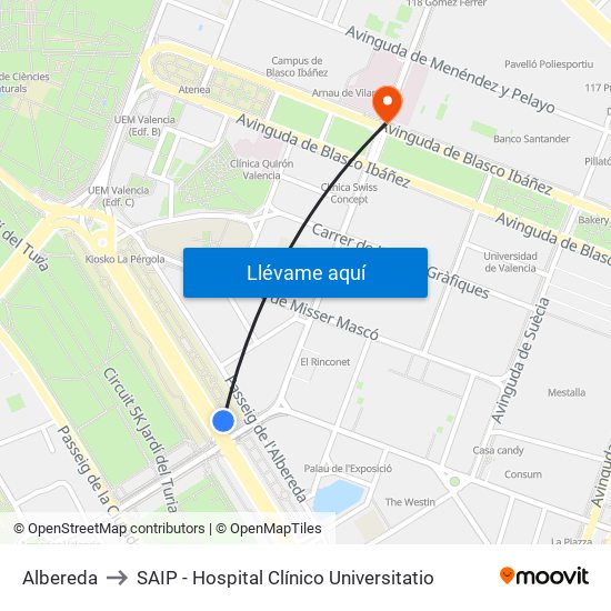Albereda to SAIP - Hospital Clínico Universitatio map