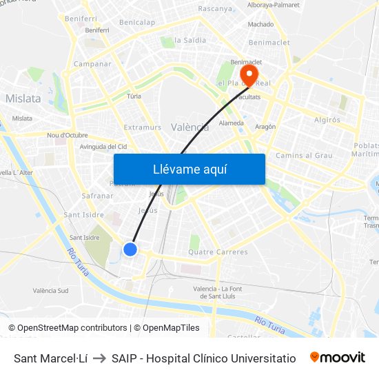 Sant Marcel·Lí to SAIP - Hospital Clínico Universitatio map